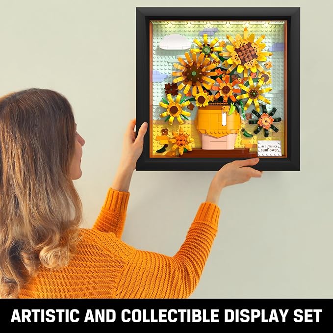 HOGOKIDS Flowers Sunflower Building Set with Lights - 807PCS Painting Frame Artwork Botanical Collection Mini Building Blocks for Home Dcor Wall Art Architecture Set Easter Gift for Adults Teens
