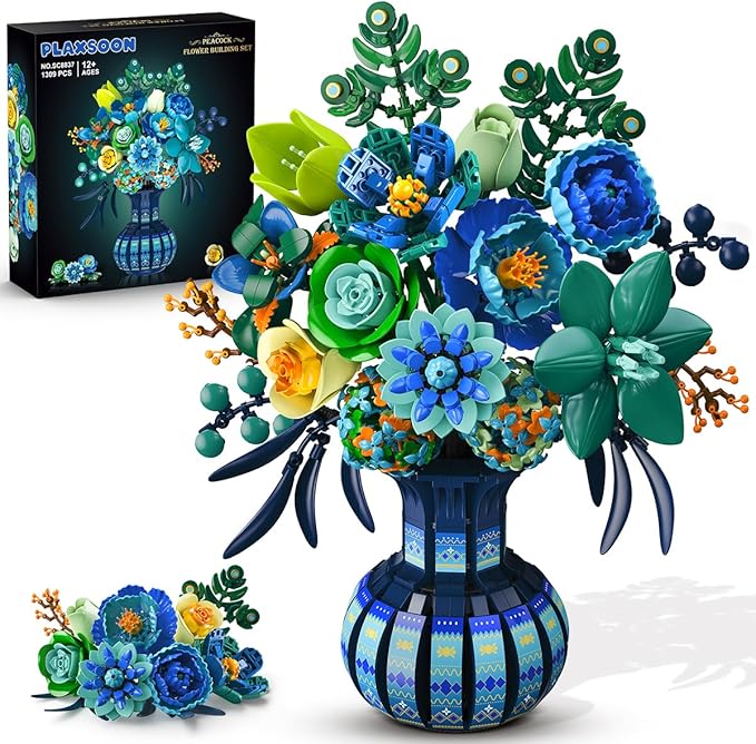 Flowers Building Set with Vase Easter Flower Bouquet Botanical Collection Building Block Toy 1309 PCS Peacock Artificial Plant Bonsai Kit Home Decor Gift for Her Adults Girls 12+