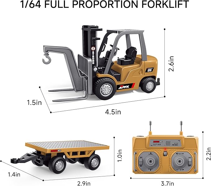 BRRRRT 1/64 Full Proportional RC Forklift Toy8 Channel 2 Mode Mini Remote Control Forklift Truck with Flatbed Tow Truck2 in 1 Transformable Lift Fork &amp Hook with Rechargeable Battery for 4+ Kids