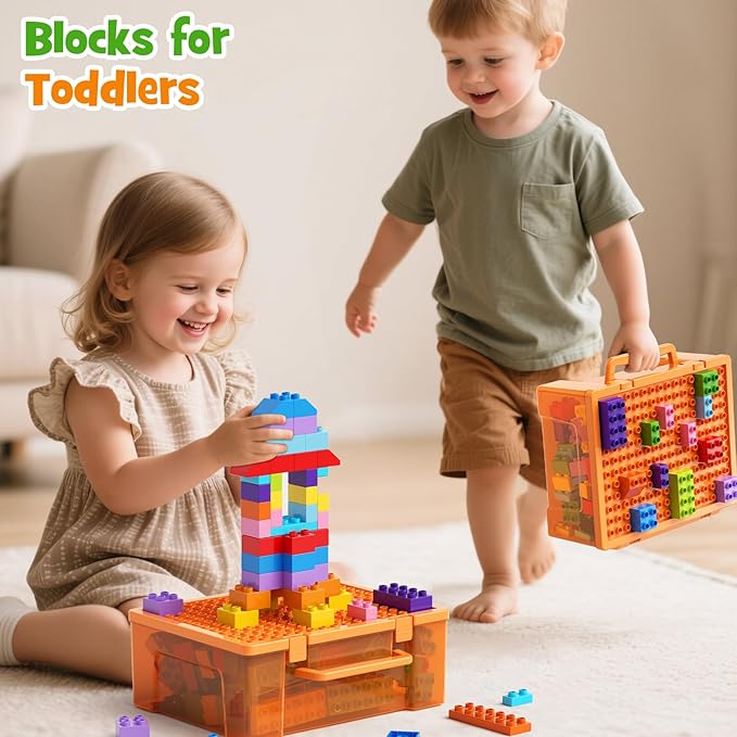 97PCS Building Blocks Set with Storage Box &amp Base Plate - STEM Educational Toys for Toddlers Kids Ages 3+ Compatible with Major Large Particle Building Block