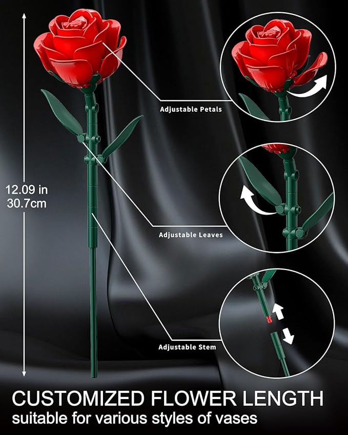 Red Rose Bouquet Building Set 12 Artificial Roses Flower Building Blocks for Adult Women Botanical Collection Home Decor Romantic Gift for Mother's Day Valentine's for Adults Girls (512 PCS)