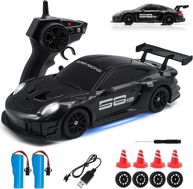 RC Drift Car 1:24 4WD Remote Control Cars Vehicle with LED Light2.4GHz 20KM/H High Speed RC Cars with Two Batteries &amp Drifting Tires Racing Sport Toy for Adults Boys Girls Kids Black