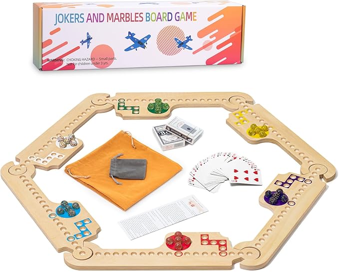 Jokers and Marbles Board Game Wooden Marble Game for 2-6 Players Portable Jokers Game with 30 Marbles 3 Decks of Cards 2 Storage Bags for Family Game Night and Holiday Party