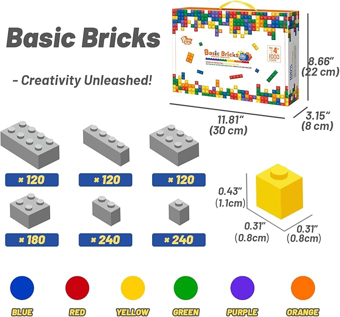 Building Blocks Set 1000 Piece Creative Small Bricks Set for Kids Stackable 6 Classic Colors Compatible with All Major Brands Classic Blocks Toys for Kids Ages 4 5 6 7 8+ (Rainbow)