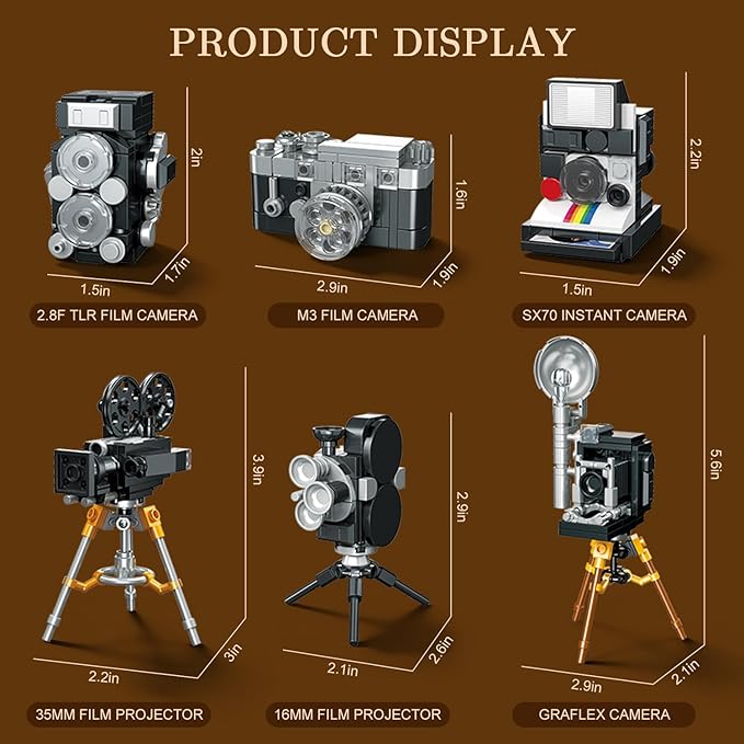 6 in 1 Vintage Camera Building Blocks Set Retro Film Camera Collection Compatible with Lego Camera Models Collectible Desk Decor Gift for Ages 8+