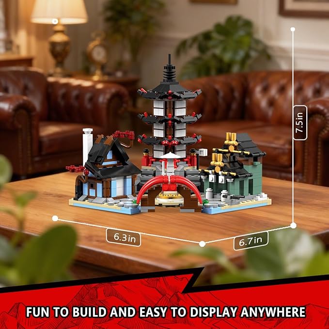 Japanese Temple AFOL Building Blocks Set Ninja Warrior Samurai Pagoda Scene Construction Toy with Bridge and House MOC Design Compatible with Lego (692PCS)