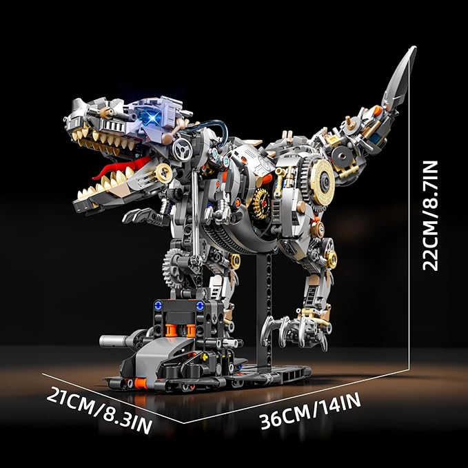 Mechanical T-Rex Dinosaur Building Blocks Set–Collectible Dino Model with Movable Gears LED Lights &amp Motor Complete with Display Stand Ideal Hobby Gift &amp Home Decor for Adults &amp Teens