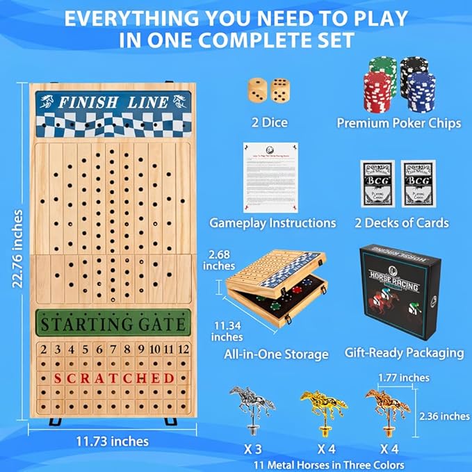 Horse Racing Board Game - 23x12 - Derby Classic Horse Race Game with 11 Metal Horses - Foldable Wood Horse Game with Dice Premium Chips &amp 2 Packs of Cards - Natural Wood