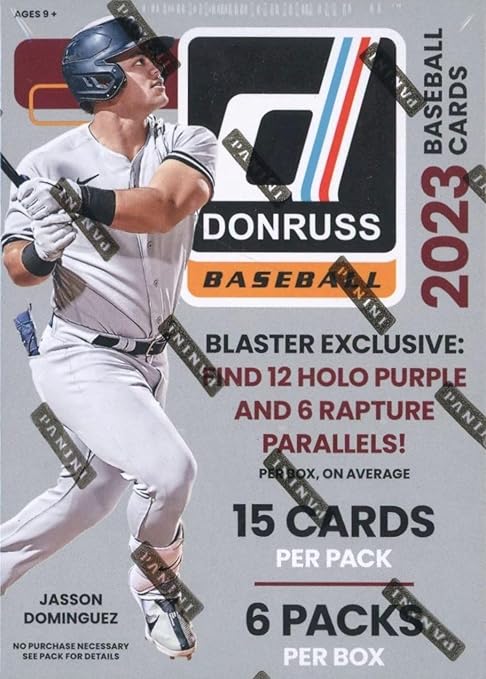 2023 Panini Donruss Baseball Factory Sealed HUGE Blaster Box with (90) Brand New Cards Including (12) HOLO PURPLE &amp (6) RAPTURE PARALLELS!