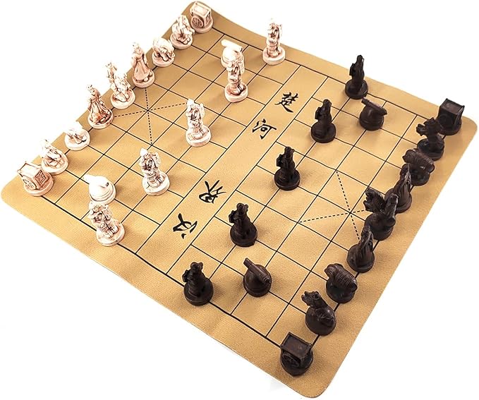 Traditional Chinese Xiangqi Portable Chess SetTravel Board Game Set with Resin Chess Pieces and Leather Chessboard