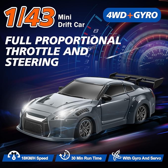 ACAMMZAR Mini RC Drift Car with Gyro 1:43 4WD Full Proportional RC Cars 18KM/H High Speed Remote Control Car with Lights Extra Racing Tires Vehicle for Adults Kids Boys Light Gray
