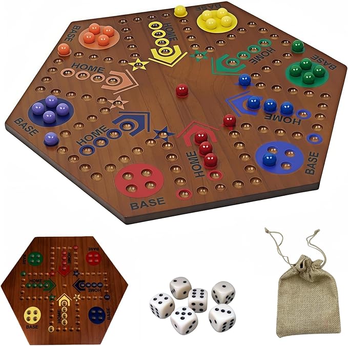 Wooden Board Games- -Marble Board Game -Surfacepainting-Double Sided Painted 15inch Fast Track for 6 and 4 Players with 6 Colors 30 Marbles 6 Dice for Kids Friends Family Game Party (Walnut)