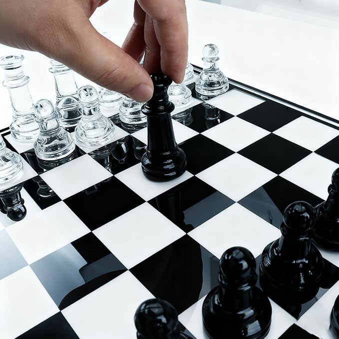 Elegant Glass Chess Set 13.8 Inch - Large Modern Chess Board Game with Black &amp Clear Pieces Felted Bottoms - Crystal Strategy Game Gift for Adults Home Decor