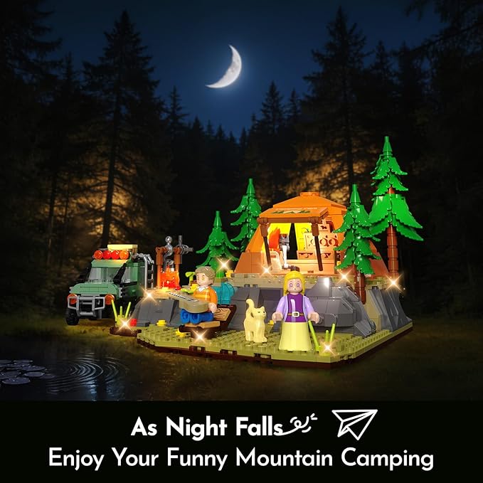 Mountain Camping Building Set with Light Outdoor Adventure Scene Toy with Camp Tent Camper Van Campfirre Creative Home Decor &amp Display Xmas Birthday Gift for Adults Teens Camping Lovers 677