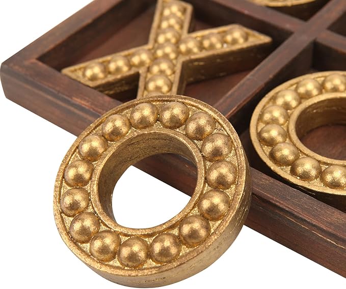 NIKKY HOME Tic Tac Toe Game Coffee Table Decor 10.6 Inch Rustic Wooden Board Gold