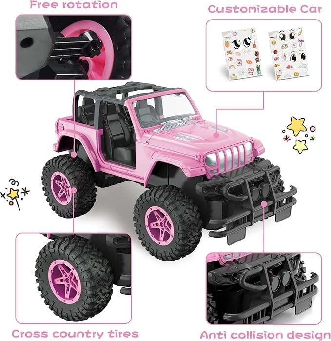 NQD RC Cars with DIY Sticker Pink Remote Control Car for Girls 2.4Ghz Jeep RC Trucks Little Girl Toys Birthday Xmas for 3 Years Old and Up