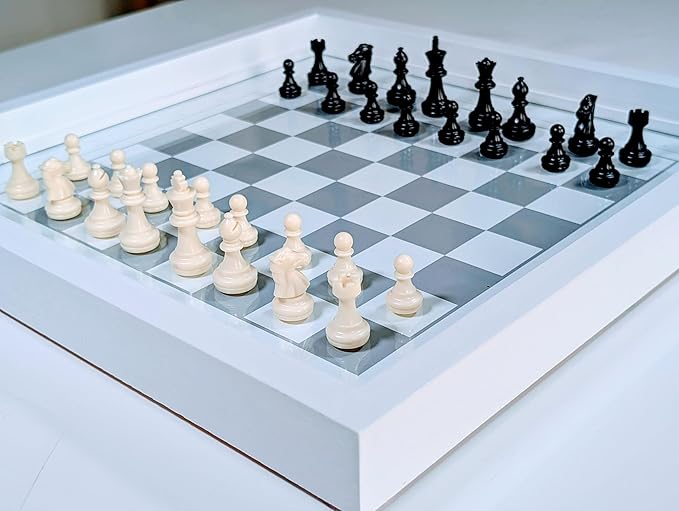 Real Glass Top Game Board with Chess Checkers Backgammon Ludo (Caribbean &amp Indian) Chausar Pachisi Tic-Tac-Toe Snakes and Ladders and a Drinking Dice Board Game.