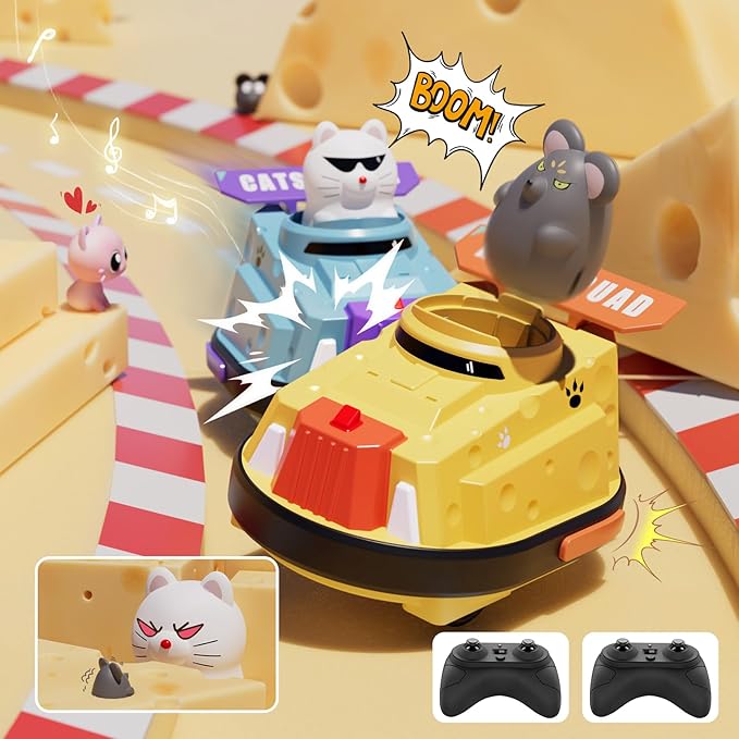 2 Pack Remote Control Car RC Ejecting Bumper Car for Kids Cat and Rat War Cheese Bumper Car Car Toys for Ages 5-7 Christmas Birthday Gifts Toys for 3 4 5 6+ Year Old Boys Girls
