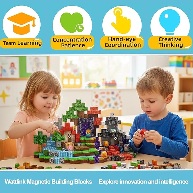 Magnetic Building Blocks Set 200 Pieces Pixel Style Construction Toys with Character Blocks 0.8 Inch Cubes for Ages 3+ Non-Toxic Educational STEM Toys