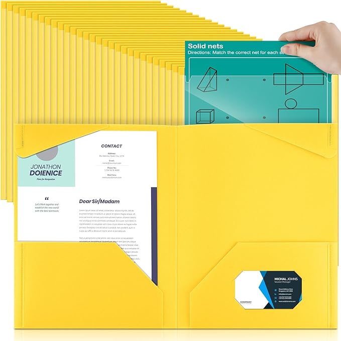 Henoyso 150 Pack Plastic Folders with Clear Front Pockets Heavy Duty File Folders with 2 Pockets and Card Slot for Classroom School &amp Office Bulk Supply (Yellow)