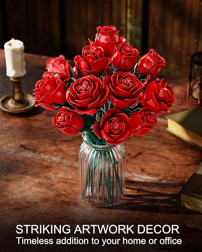 Red Rose Bouquet Building Set 12 Artificial Roses Flower Building Blocks for Adult Women Botanical Collection Home Decor Romantic Gift for Mother's Day Valentine's for Adults Girls (512 PCS)