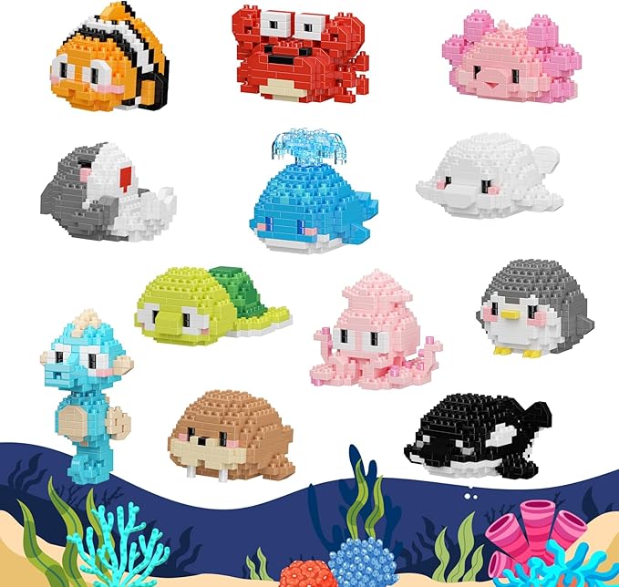 12 Pack Cute Ocean Sea Animal Mini Building Blocks Sets 2642 PCS Micro Mini Building Bricks Toy for Adults Party Favors for Teen Boys Girls 14+
