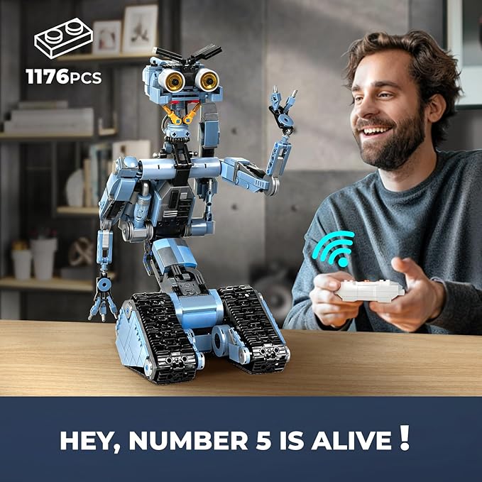 iATOM 1176 Pieces Johnny 5 Robot Building Set with Remote Control - Rechargeable Gift for Adults Men STEM Tech Movie Robotic Figure Model Kit