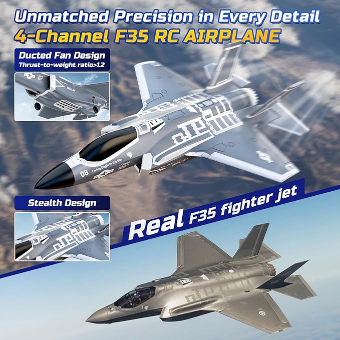DEERC F35 4 Channel Brushless RC Plane for Adults Remote Control Airplane EDF Fighter Jet2.4GHz 6-axis Gyro Stabilizer EPP RTF Hobby Glider Aircraft Plane Easy to Fly for Advance Player