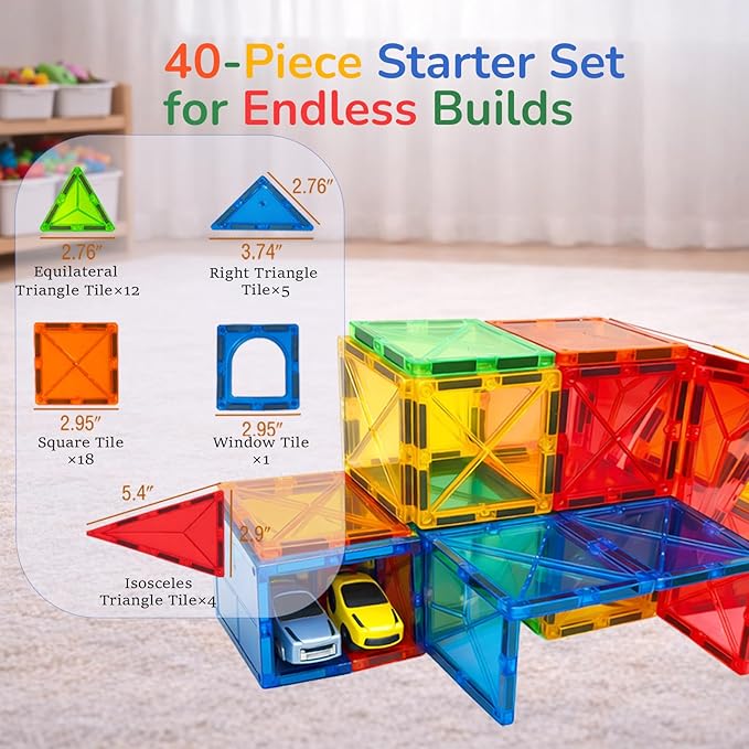 LATI Magnetic Tiles Starter Set for KidsBeginner Magnetic Building Blocks for Early Learning Build in 2D &amp 3D Open-Ended STEM Building ToyEasy to Start for Early BuildersToy Gift for Ages 3–6