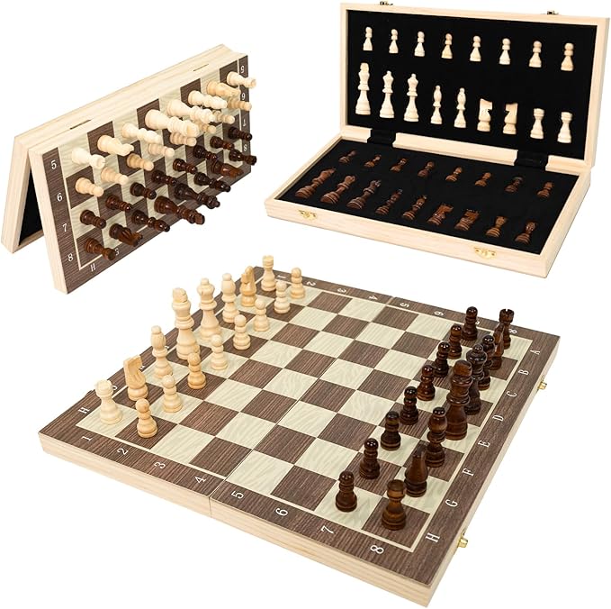 Magnetic Wooden Chess Board Set – 15.3 Folding Travel Chess Sets with Storage Slots – 2 Extra Queens Chess Board Set for Kids Adults Beginners – Portable Chess Game with Pieces Storage