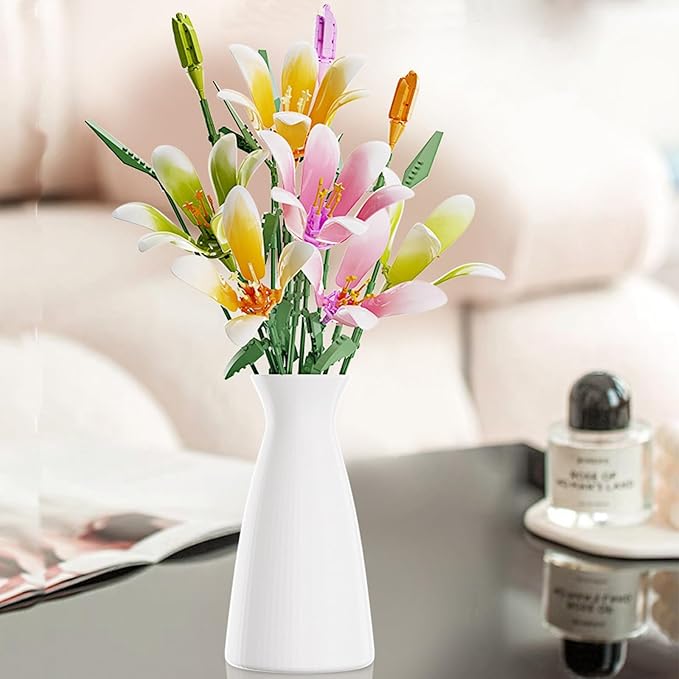 Lily Flower Kit for Adults Artificial Flower Bouquet Set Mini Building Bricks for Gifts/Home Decor Botanical Collection (Pink)