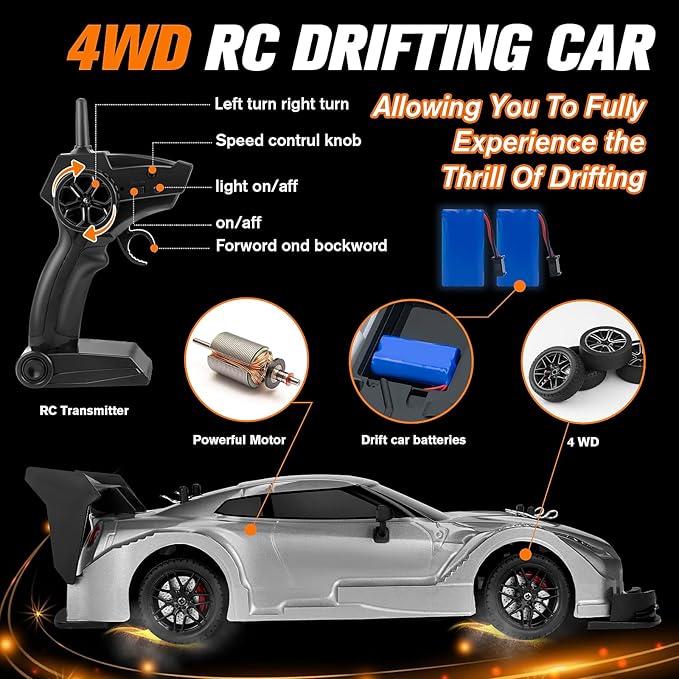 RC Drift Car 1:16 Scale Drifting RC Cars 2.4GHz 4WD RC Race Car 40km/h High-Speed Remote Control Drift Car Vehicle Racing Sport Toy Easter Basket Stuffers Gift for Boys Girls Kids(Silver)