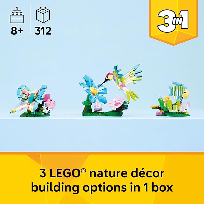 LEGO Creator 3 in1 Wild Animals: Colorful Hummingbird Building Toy for Girls Boys &amp Kids Ages 8+ - Build a Bird Butterfly or Tropical Fish - Gift Idea for Birthdays - 31384