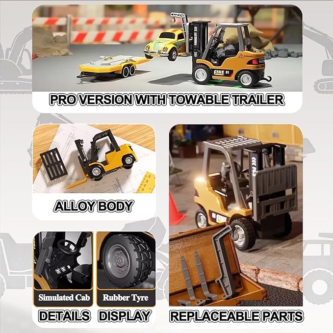 1/64 Scale RC Forklift Crane 2.4GHz Metal RC Truck 2-in-1 Construction Vehicle with Hook &amp Metal Forks Dual Speed APP Control Construction Vehicle Hobby Toy for Adults and Kids