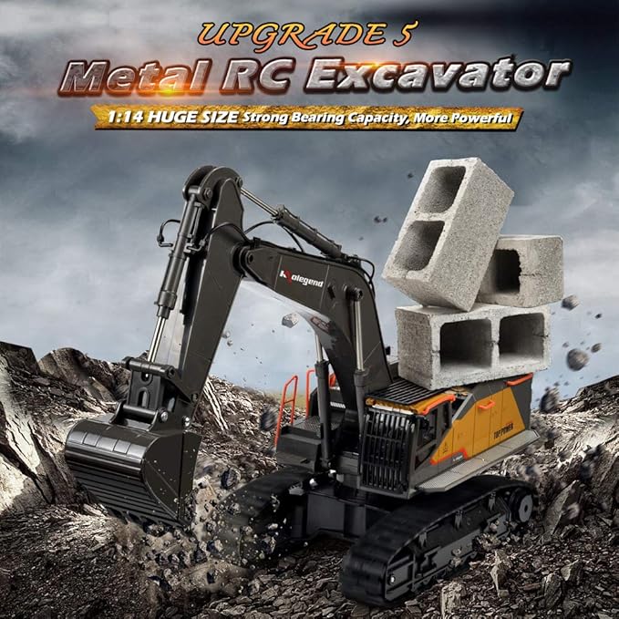 kolegend Remote Control Excavator Toy 1/14 Scale RC Excavator 22 Channel Upgrade Full Functional Construction Vehicles Rechargeable RC Truck with Metal Shovel and Lights Sounds