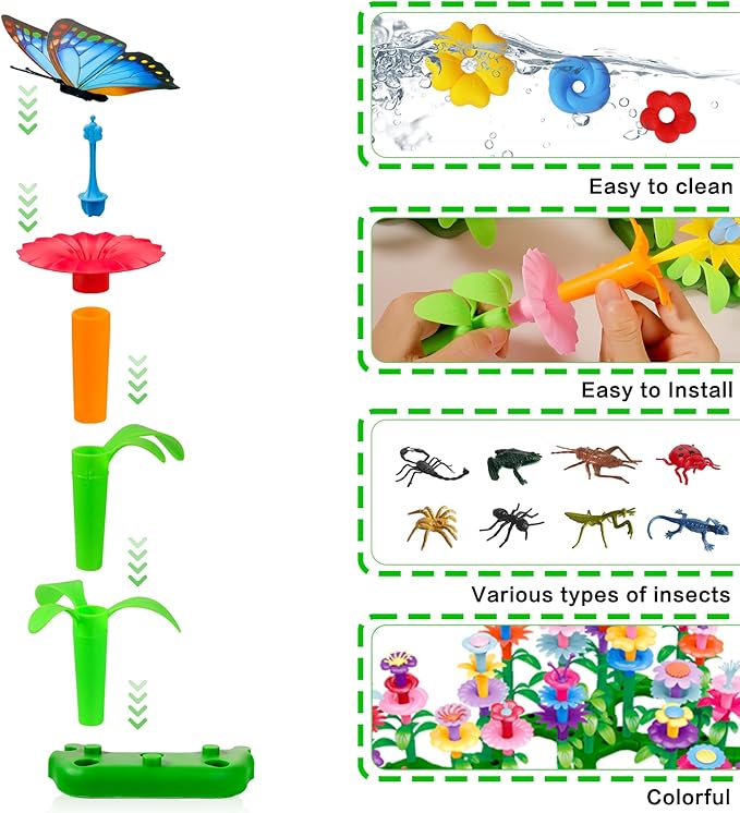 Birthday Toys Gifts for 2 3 4 5 6 Years Old Toddler Girls Boys 156 PCS Insect Flower Garden Building Educational STEM Pretend Play Gardening SetEaster Basket Stuffers Gifts for Preschool Kids Age 2+