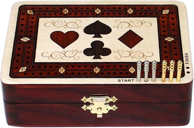 House of Cribbage - 2 Track - Wooden Cribbage Board / Box - Inlaid in Maple Wood / Bloodwood - Storage for Pegs &amp One Deck of Cards - 60 Points - Non Continuous (Maple Wood / Bloodwood)