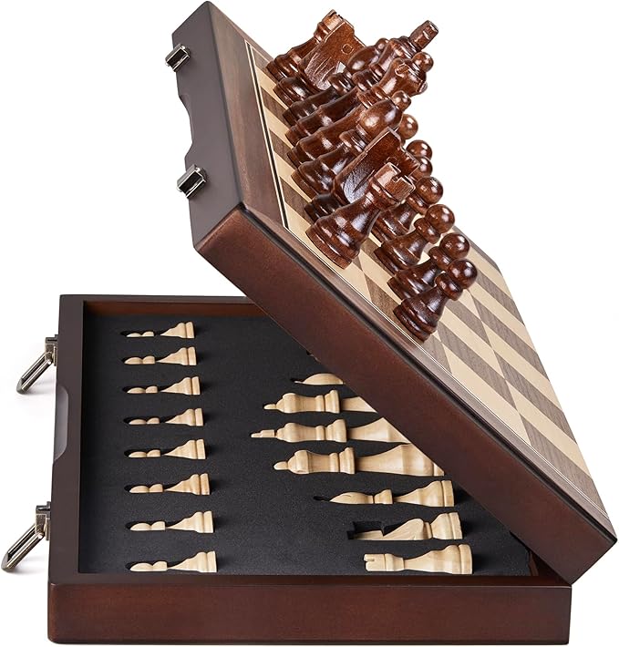 AMEROUS 15'' Magnetic Wooden Chess Set for Adults Kids - with Folding Board Gift Package Pieces Storage Slots Handmade PiecesChess Board Game Set for Tournament Professional Beginner