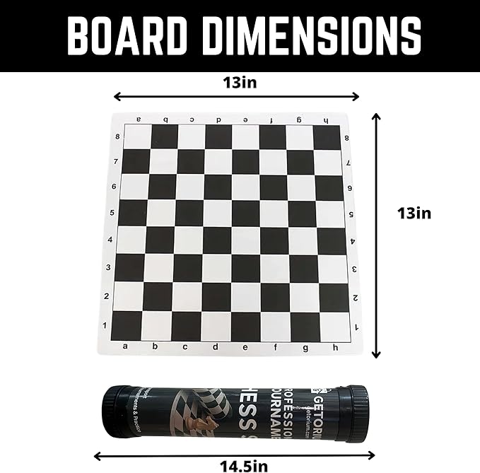 Tournament Chess Set: Portable and Professional Set with Travel Portable Plastic Tube Roll. Plastic Staunton Chess Pieces Foldable Vinyl Chess Board. (Black Board 13X13IN)