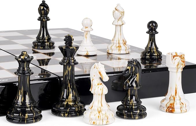 15 Large Chess Set for Adults with Weighted Acrylic Chess Pieces 3.5 King &amp Portable Folding Marbling Wooden Chess Board Travel Chess Sets Family Board Game Gift – Elegant Classic Chess Game
