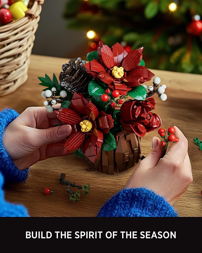 Nifeliz Poinsettia Flowers Building Set Artificial Poinsettia Floral Arrangement for Adults Tabletop Flower Decor for Home or Desk Display (767 PCS NF10347)