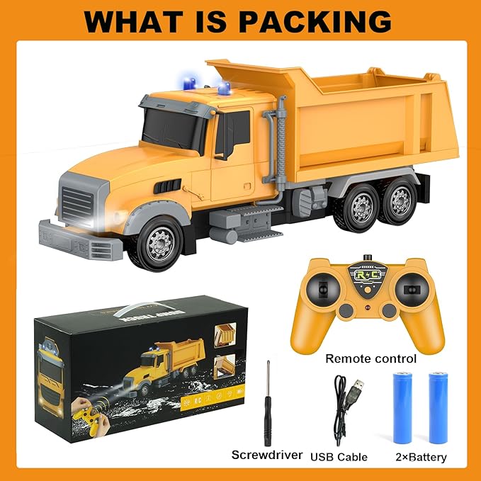 Remote Control Construction Dump Truck Toy RC Vehicle6 Channel Trucks Toys with 2 Rechargeable Batteries1/24 Scale Dump TrucksBirthday Gifts Ideas for Boys Age 3-8 Year Old