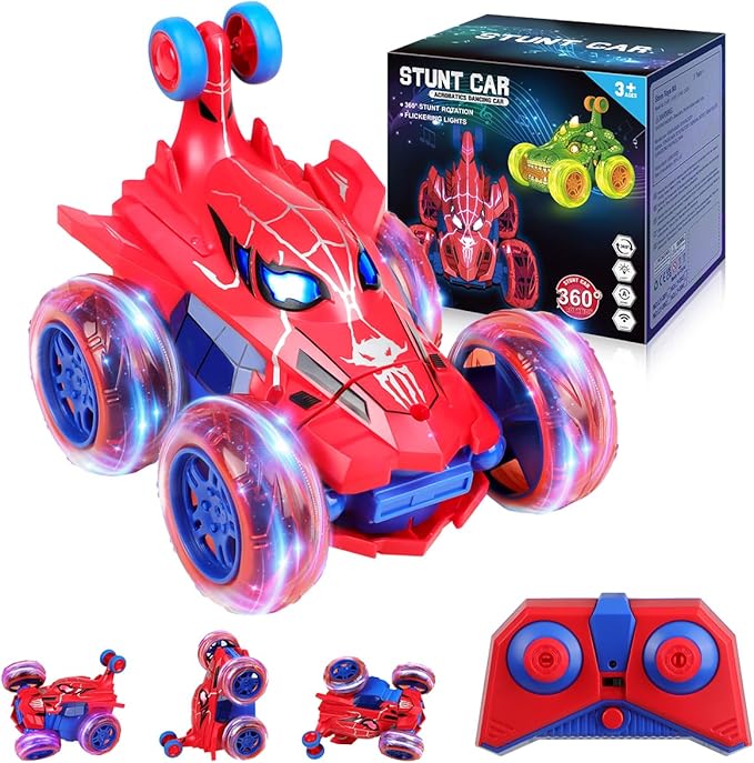 Spider RC Car for Kids – 4WD Remote Control Stunt Car with 360° Flip Fast Monster Crawler Toy with Light-Up Wheels – Rechargeable RC Vehicle Gift for Boys Ages 3-12