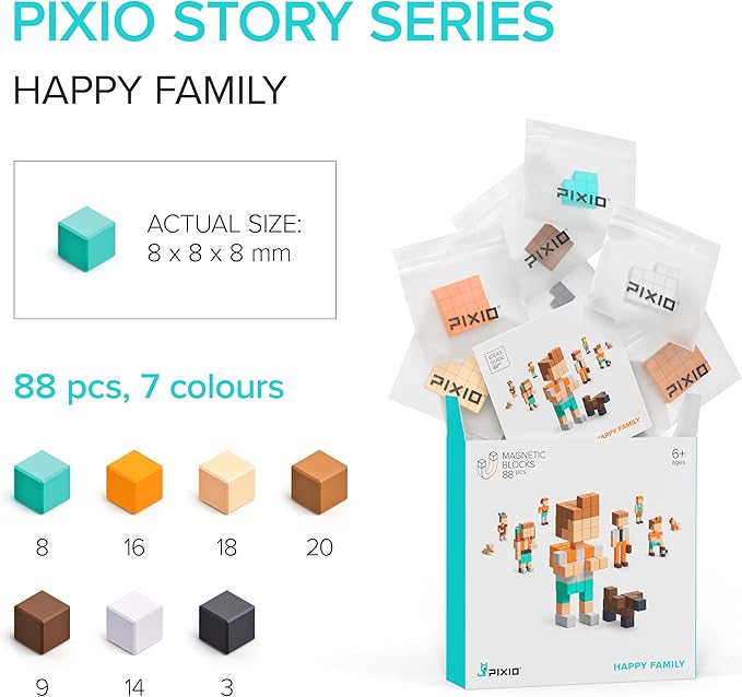 PIXIO Happy Family - Magnetic Building Blocks for Kids Over 6 Years Pixel Art STEM Magnet Toys for Kids Ages 8-12 Portable Magnetic Blocks for Creativity - 162 pcs