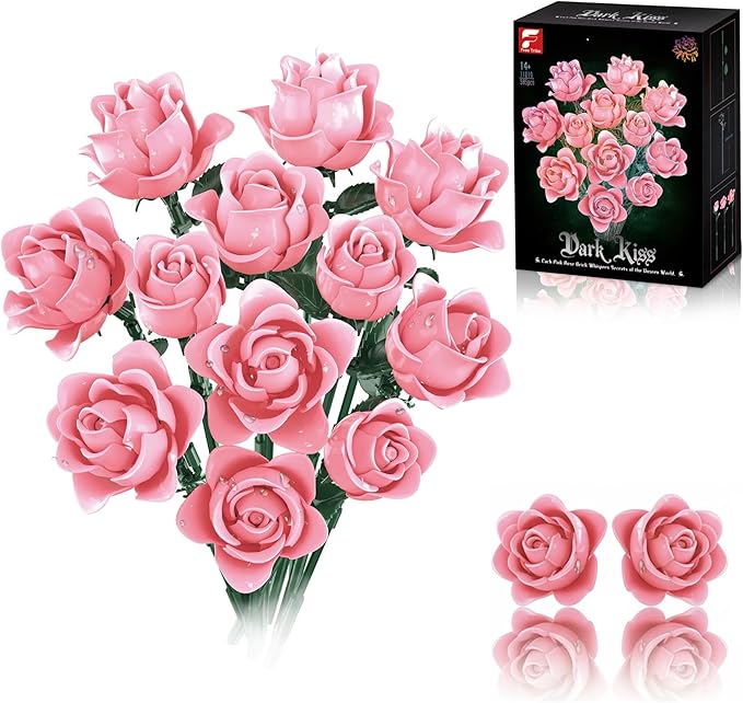 Rose Bouquet Building Set Rose Botanical Collection Blocks KitArtificial Flowers Compatible with Lego for Adults Women Teengirls - Gift for Valentine's Day - Gothic Home Decor (Pink)