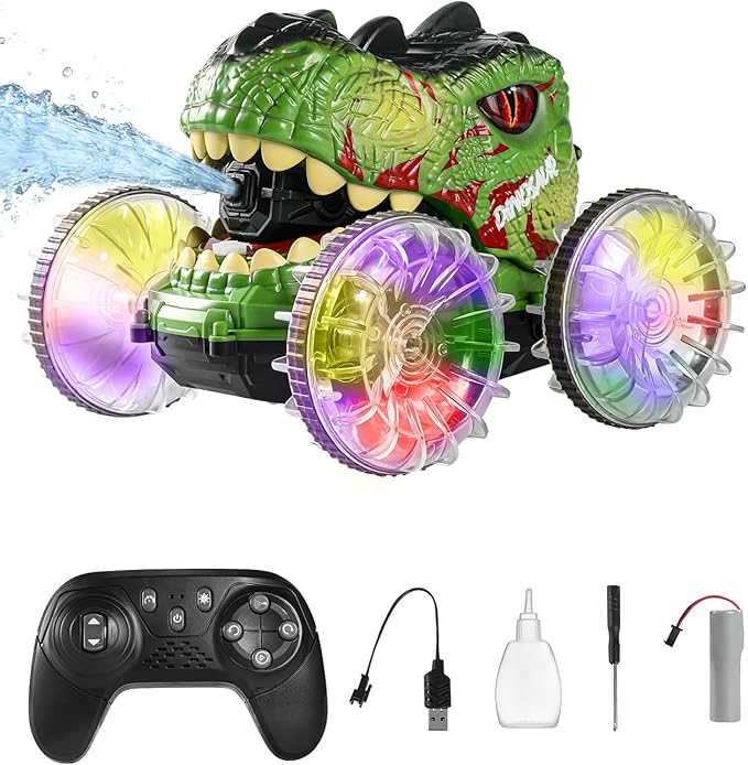 Amphibious Remote Control Monster Truck 4WD All Terrain Off-Road Dinosaur Truck with Water Gun 1:18 Scale RC Cars with Lights &amp Music 2.4 GHz Waterproof RC Dinosaur Car for Boys 4-7 Gifts