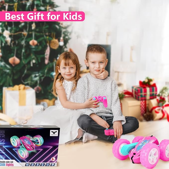 FREE TO FLY Remote Control Car for Girls : Pink RC Car Double Sided 360°Flip Stunt Cars with Headlights &amp WheelLights Rechargeable Toy Car Birthday Gifts for Girl Kids Age 6 7 8 9 10 11 12 Year Ol