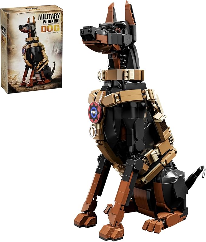 Doberman Pinscher Building Set 1376 Pieces Realistic Police Dog K9 Model Kit with Tactical Harness Large Sitting Animal Pet Construction Toy Guardian Statue Gift for Dog Lovers &amp Adults