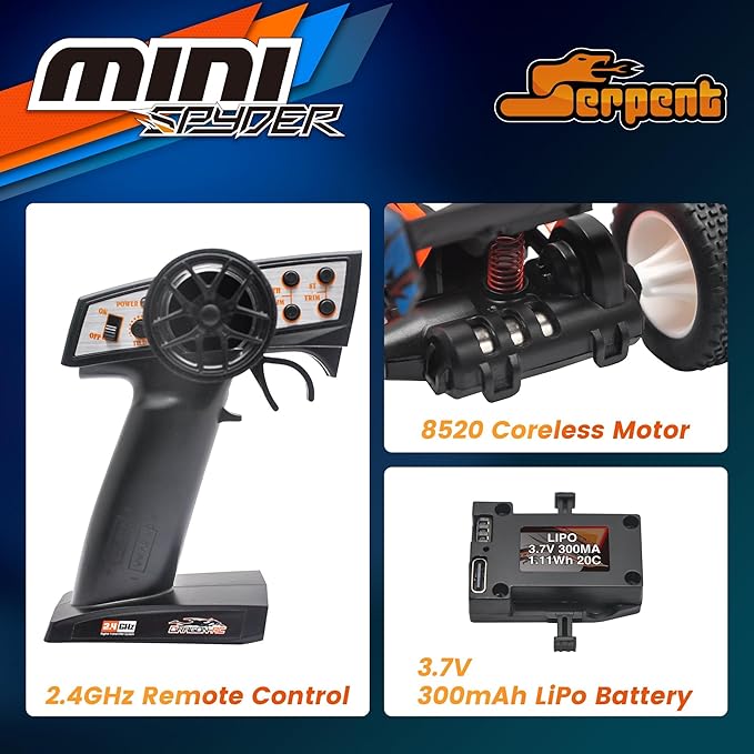 Serpent 1:24 Mini RC Car RTR with Gyro 1/24 Scale 2.4GHz Off-Road RC Car All Terrain Off-Road Buggy High Performance RC with 1 Battery 1 USB Data Cable