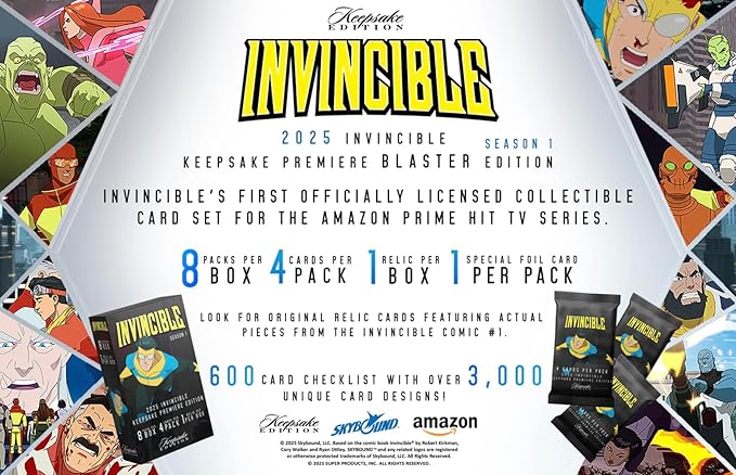 2025 Invincible Season 1 Keepsake Premiere Blaster: 8 Packs Per Box One Guaranteed Relic Chase Rare Autos and Patches